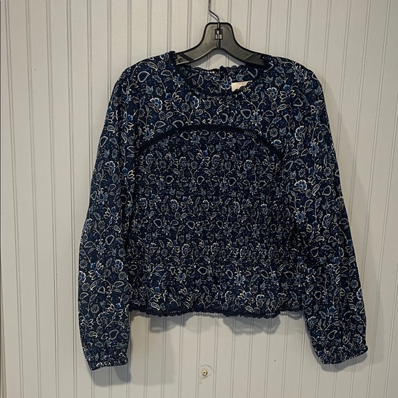LOFT Tops - LOFT Dark Blue Floral Patterned Long Sleeve Blouse | Large NWT